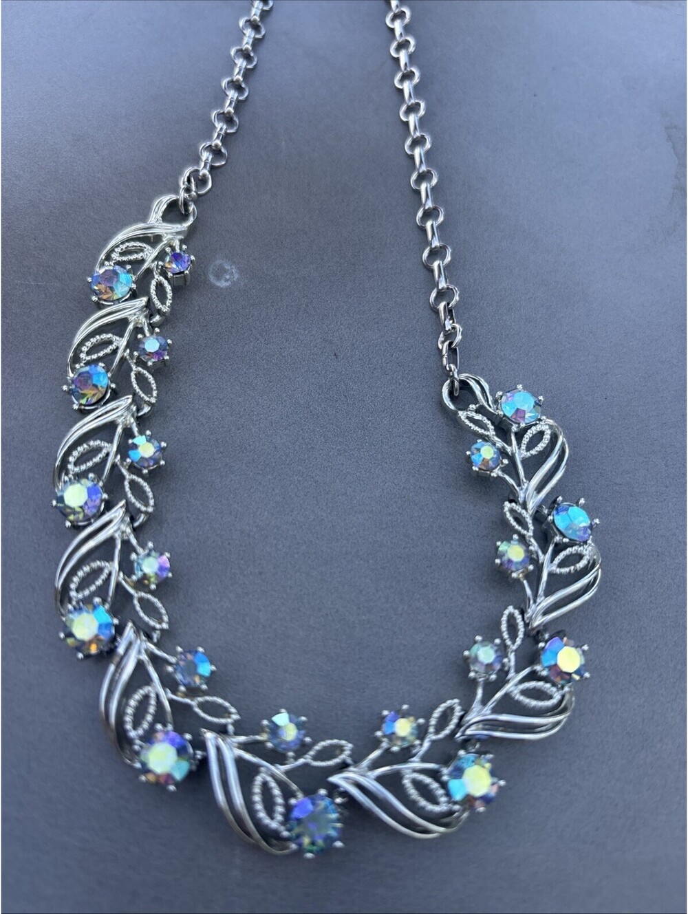 Vintage Coro, Baby Blue Aurora Borealis Stone, Floral Choker Necklace (1226)